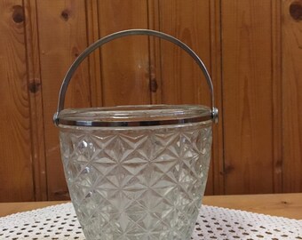 Vintage crystal glass, ice bucket with stainless steel handle,  Glass Ice Bucket, Ice buckets