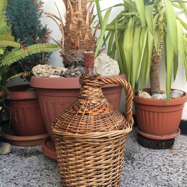 Vintage bottle, Old wine bottle Wicker, Bottle wrapped in woven straw, Green glass wine bottle,Hand knotted bottle  ,Wrapped bottle,