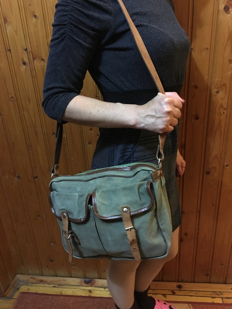 Green khaki bag, Shoulder canvas bag 70/'s Gift Idea Unisex bag Vintage school bag