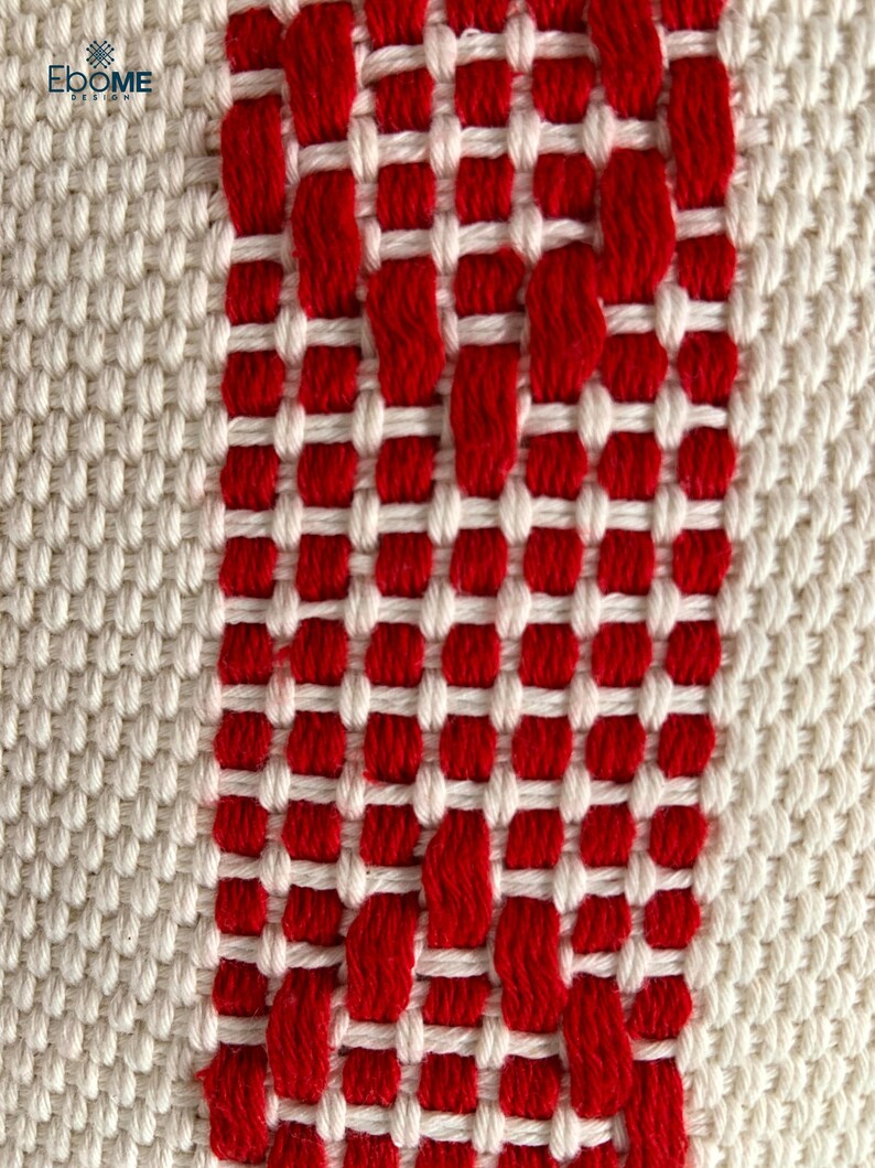 Bohemian decorative lumbar pillow case. Beige handwoven lumbar pillow cover with red stripe