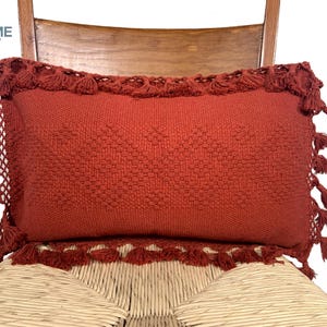 Handwoven Lumbar Pillow Cover: Pastel Red Boho Cushion with Tassels