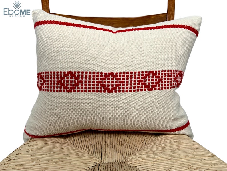 Bohemian decorative lumbar pillow case. Beige handwoven lumbar pillow cover with red stripe