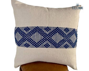 Beige handwoven pillow cover with navy blue stripe - Bohemian decorative pillow case