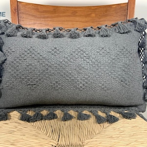 Handwoven Lumbar Pillow Cover: Slate Gray Organic Cotton with Tassels
