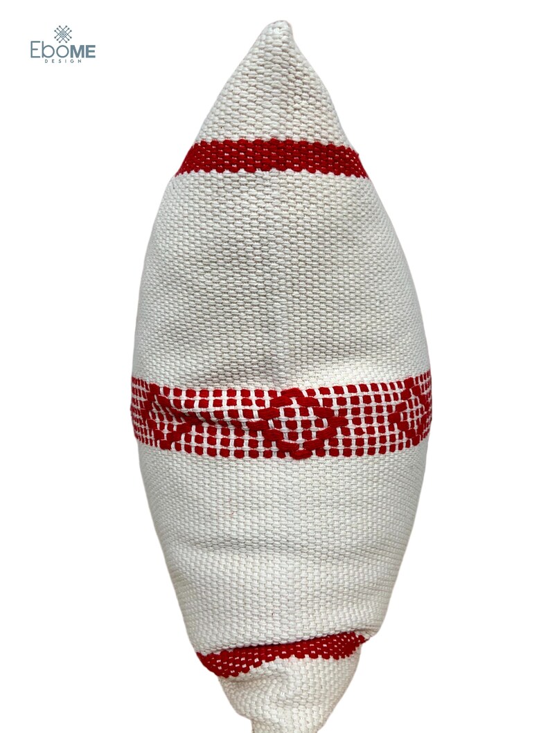Bohemian decorative lumbar pillow case. Beige handwoven lumbar pillow cover with red stripe