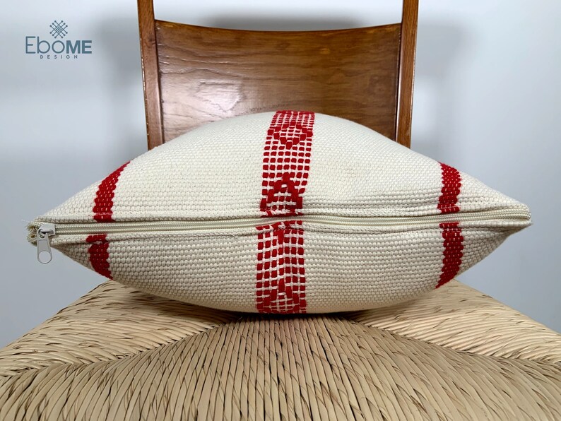 Bohemian decorative lumbar pillow case. Beige handwoven lumbar pillow cover with red stripe