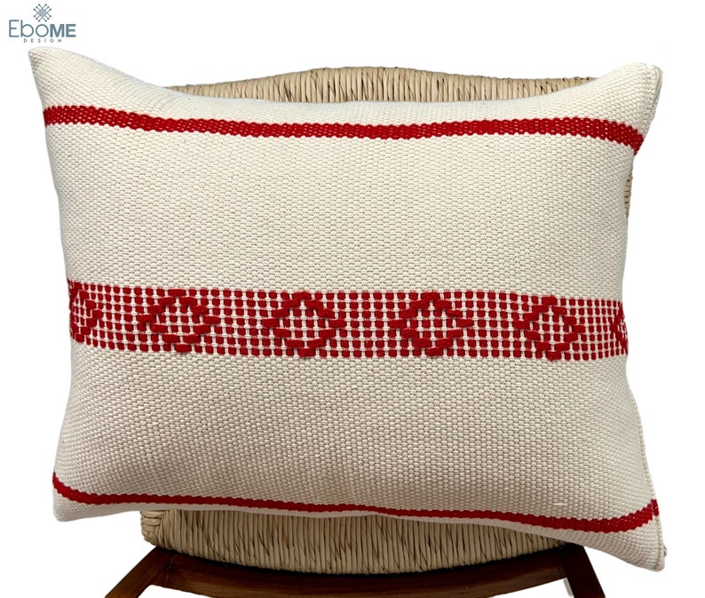 Bohemian decorative lumbar pillow case. Beige handwoven lumbar pillow cover with red stripe