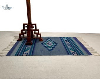 Handwoven Oaxaca Wool Rug: Natural Dye Mexican Rug, Blue & Teal Southwestern Decor