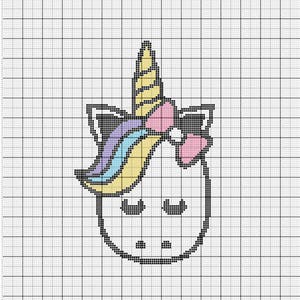 May include: A pixel art design of a unicorn with a yellow horn, blue, yellow, and purple mane, and pink ears. The unicorn has a black outline and is on a white grid background.