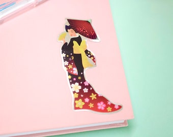 Black and Red Mirror Foil Japanese Kimono Girl Sakura Cherry Blossom Vinyl Sticker