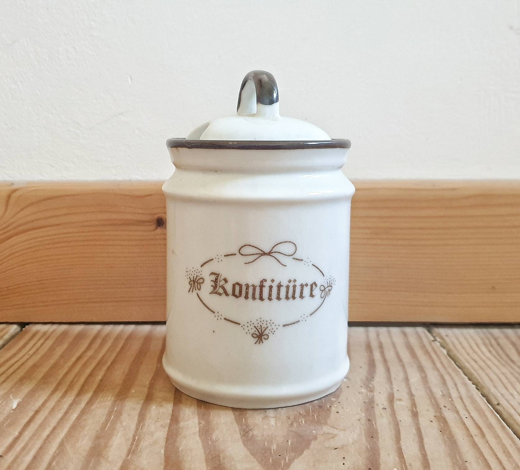 Alt Jütland Konfitüre Pot Allemand Confiture Crème et Brun Cuisine de Rangement Jutland Porcelaine V