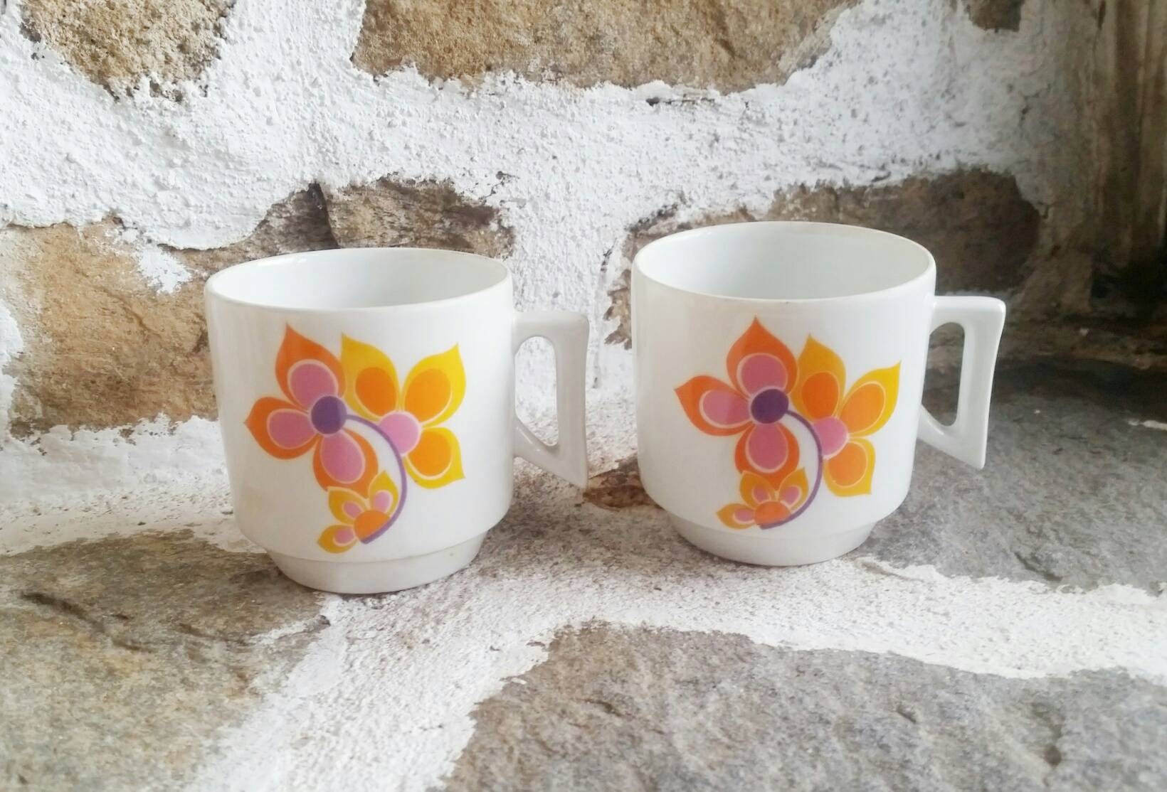Masse Surget French Coffee Cups 1960S Style Small Expresso Home Decor Orange & White Vintage Kitchen