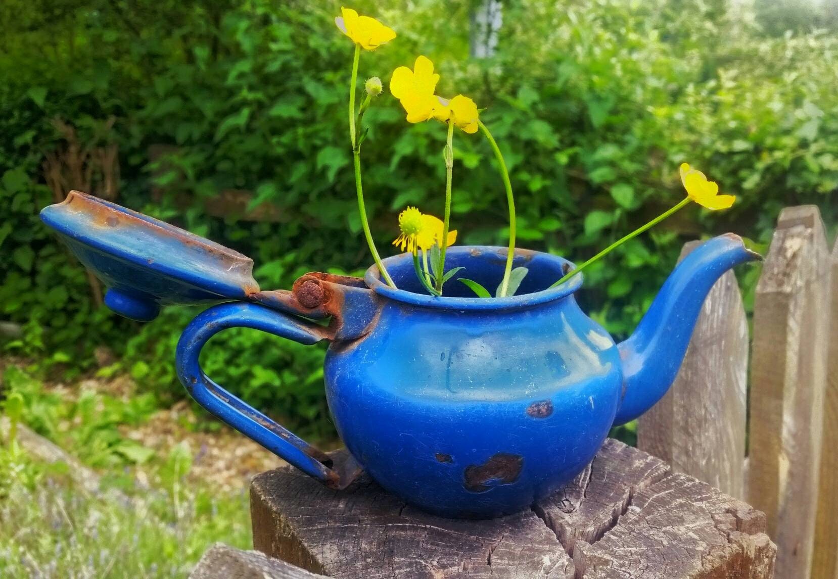 Français Vintage Émail Bleu Théière Petite Décorative Vase Français Pays Décoration Maison Accent Pi