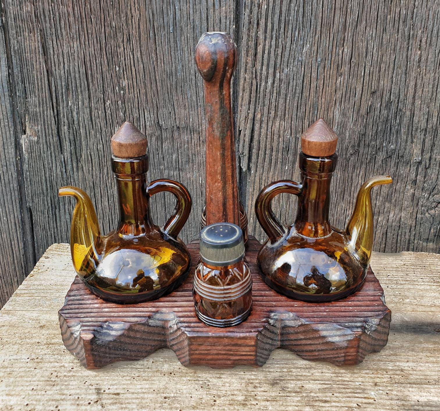 Français Des Années 70 Style Condiment Ensemble Rétro Salle à Manger Décor Bois et Verre Sel Poivre 