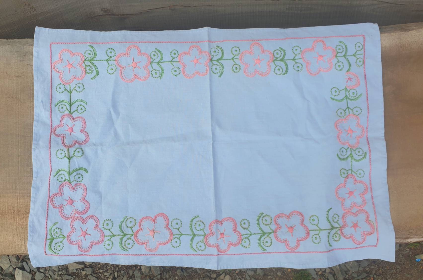 Plateau de Thé à La Main Vintage Tissu Pâle Bleu et Rose Nappe Français Tapisserie Fleurs Cadeau Fêt