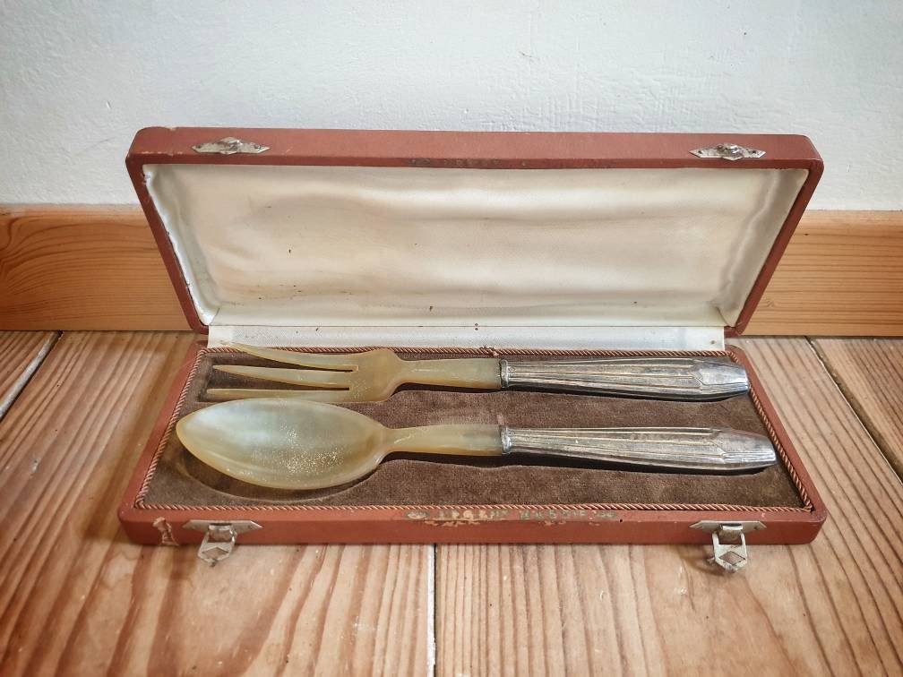 Français Argent Vintage Manipulé Fourchette et Cuillère Ensemble Os Servant Salle à Manger Décoratio