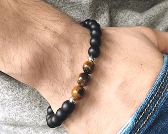 Men's Black Onyx Bracelet, Tiger Eye Bracelet, Protection Bracelet, Mens Accessories, Gemstone Bracelet, Gifts For Men