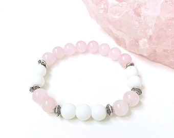 Rose Quartz And White Onyx Bracelet, Love And Protection Bracelet, 8mm Gemstone Bracelet, Pink And White Beaded Bracelet, Gift For Her