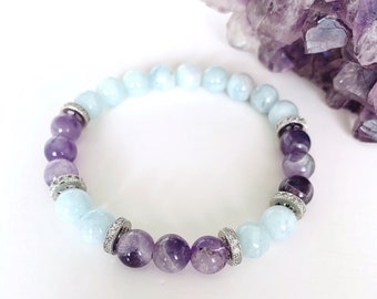 Aquamarine and Amethyst Bracelet, Gemstone Bracelet, Amethyst Crystal Bracelet, Healing Gemstones, Aquamarine Beaded Bracelet, Birthstone
