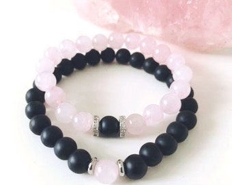 Matching Bracelets, Matching Rose Quartz and Black Onyx Bracelets, BestFriends, Mother Daughter, Distance, Soulmates, Twin Flames Bracelets
