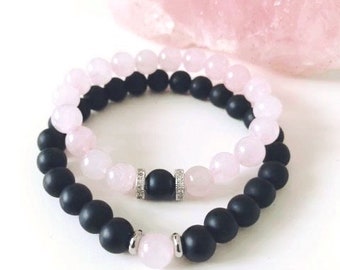 Couples Matching Bracelets, Rose Quartz and Black Onyx Bracelets, BestFriends, Mother Daughter, Distance, Soulmates, Twin Flames Bracelets