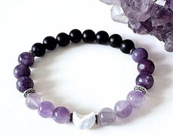 Crescent Moon Bracelet, Gemstone Bracelet, Amethyst Bracelet, Mother Of Pearl Moon Moon Jewelry, Crescent Moon Gemstone Bracelet, Spititual