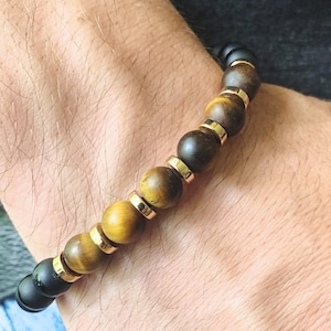 Men&#39;s Tiger Eye and Black Onyx Bracelet, Men&#39;s Bracelet, Stretch Bracelet, Stones For Strength and Protection Bracelet, Men&#39;s Accessories