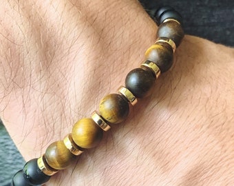 Bracelet homme oeil de tigre et onyx noir, bracelet homme, bracelet extensible, bracelet pierres pour la force et la protection, accessoires pour hommes