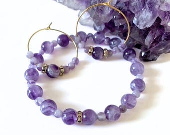 Bracelet and Earring Set, Amethyst Hoop Earrings, Amethyst Bracelet,Amethyst Hoops, Birthstone Jewelry, Healing Bracelet, Gemstone Jewelry