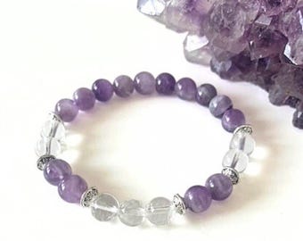 Amethyst and Clear Quartz Crystal Bracelet, Gemstone Bracelet, Protection Bracelet, Healing Gemstones, Crystal Healing Energy Bracelet,Gift