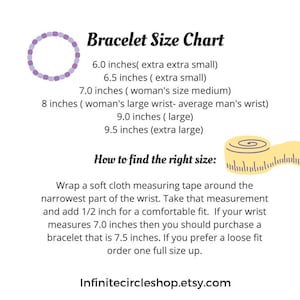 May include: A chart showing bracelet sizes in inches. The chart includes a visual representation of a bracelet and a measuring tape. The text includes instructions on how to measure your wrist for the correct bracelet size.