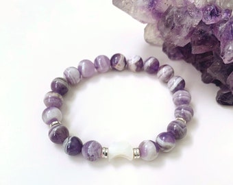 Crescent Moon Bead Amethyst Bracelet, Gemstone Bracelet, Healing Gemstones, Mother Of Pearl Crescent Moon, Celestial Jewelry, Moon Bracelet