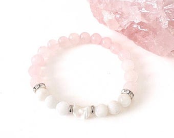Crescent Moon Bracelet, Rose Quartz Bracelet, Gemstone Bracelet, Mother Of Pearl, Rose Quartz Stone Of Love, Moon Phase Bracelet, Healing