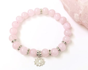 Rose Quartz Lotus Flower Silver Charm Bracelet, Stone Of Love Bracelet, Semi-Precious Pink Gemstone Bracelet, Healing Bracelet, Crystals