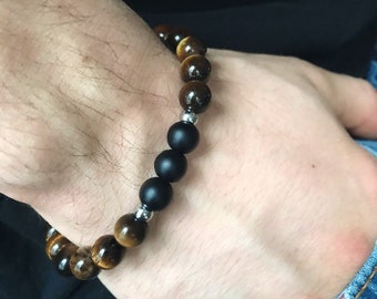 Mens Beaded Bracelet, Gemstone Bracelet, Tiger's Eye Bracelet, 8mm Black Onyx Bracelet, Men Accessories, Gift For Men, Mens Jewelry