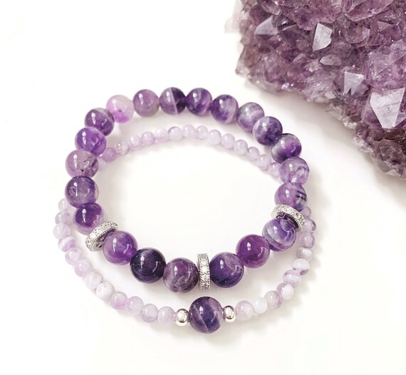 Amethyst Bracelet Set 2 pcs Gemstone Bracelets Purple Bead Bracelets Healing Gemstones Birthstone Protection Cleansing Calming Stones Etsy