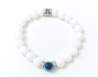 Evil Eye Bracelet, Matte White Onyx Bracelet, Evil Eye Amulet, Eye Of Protection Bracelet, Gemstone Bracelet, Zodiac Bracelet, Astrology