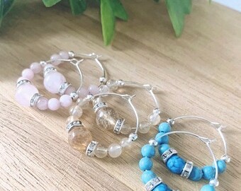 Gemstone Beaded Hoop Earrings, Wire Hoop Earrings. Small Hoops, Dainty Hoop Earrings, Gemstone Earrings, Amethyst Hoops, Rose Quartz Hoops