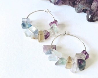 Gemstone Hoop Earrings, Fluorite Hoop Earrings, Gemstone Earrings, Beaded Hoops, Handmade Multi-Colour Bead Hoop Earrings, Fluorite Stones
