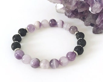 Amethyst Crystal Bracelet, Lava Rock Oil Diffuser Bracelet, On-The-Go Aromatherapy, Healing Gemstone Bracelet, Calming Beaded Bracelet