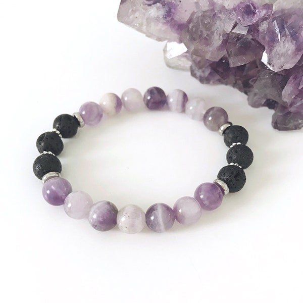 Amethyst Crystal Bracelet, Lava Rock Oil Diffuser Bracelet, On-The-Go Aromatherapy, Healing Gemstone Bracelet, Calming Beaded Bracelet