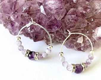 Amethyst Hoop Earrings, Purple Gemstone Hoop Earrings, Small Hoop Earrings, Birthstone Earrings, Purple Bead Hoops, Hoop Earrings, Dainty