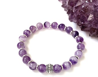 Amethyst Gemstone Bracelet, Purple Quartz Beaded Bracelet, Healing Energy Gemstones, Calming Gemstones, Aquarius, Pisces, Birthstone