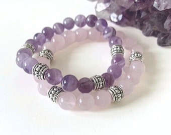 Matching Amethyst And Rose Quartz Bracelets, Best Friend Bracelets, Soulmates, Distance Bracelets, Gemstone Bracelets, Beaded Bracelets