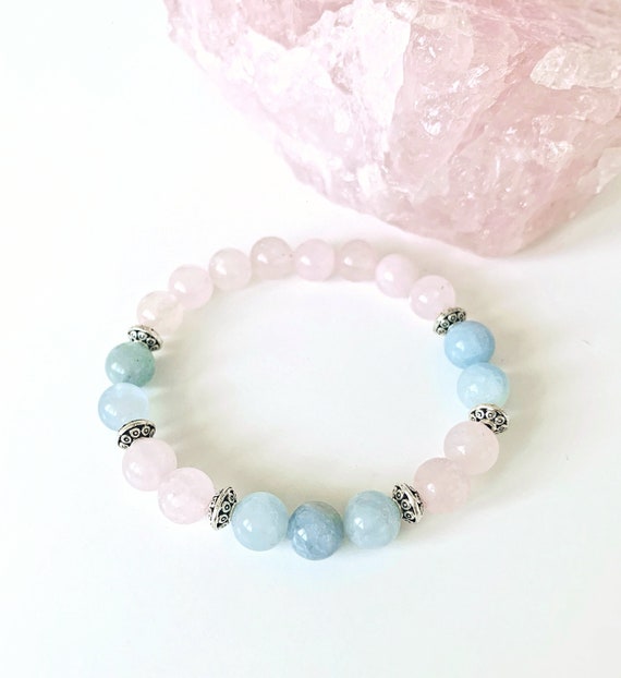 Aquamarine and Rose Quartz Bracelet 8mm Gemstone Bracelet Rose