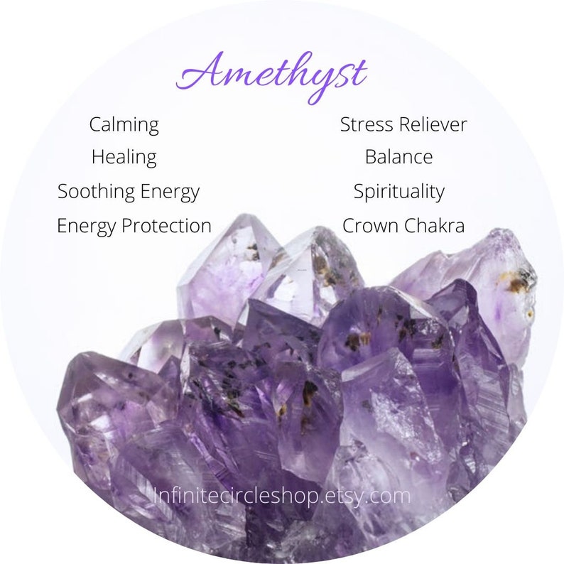 May include: Amethyst crystals, a purple gemstone known for its calming and healing properties.  Amethyst is associated with balance, spirituality, and the crown chakra.  The text "infinitecircleshop.etsy.com" is visible in the image.