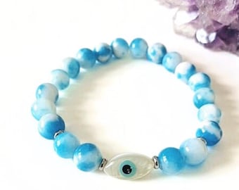 Evil Eye Amulet Bead Bracelet, Larimar Quartz Bracelet, Evil Eye Protection Bracelet, Mother Of Pearl Evil Eye, Evil Eye Symbol Bracelet