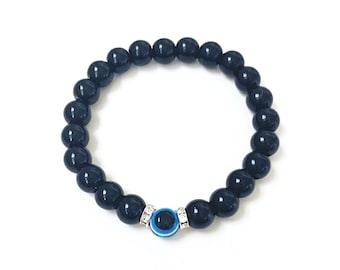 Evil Eye Beaded Bracelet, Black Tourmaline Bracelet, Evil Eye Jewelry, Gemstone Bracelet, Eye Of Protection Bracelet, Lucky Eye Talisman