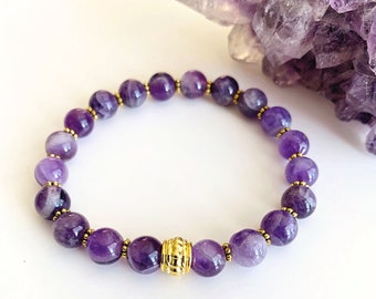 Amethyst Quartz Bracelet, 8mm Gemstone Bracelet, Peace and Protection Bracelet, Healing Crystals, Birthstone Jewelry, Stretch Bracelet