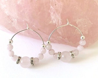Rose Quartz Self-Love Earrings, The Heart Stone, Gemstone Hoop Earrings, Pink Beaded Hoop Earrings, Healing Crystals, Gentle Loving Energy